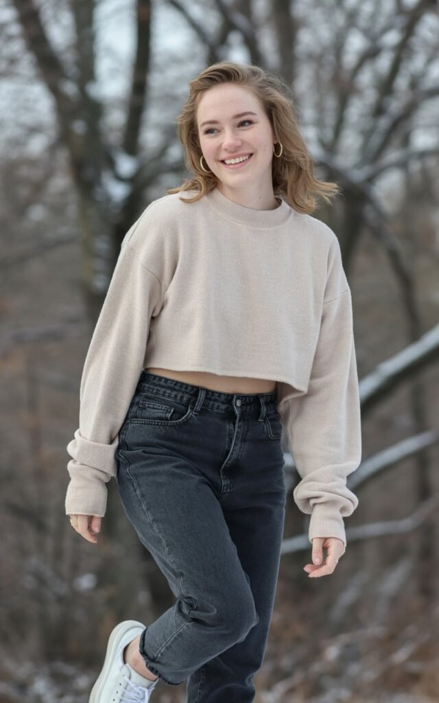 A natural-looking young woman wearing a cropped sweater paired with high-waisted jeans and sneakers. Theme cute casual winter outfits