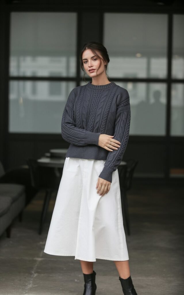 A natural-looking young woman wearing a dark knit sweater paired with a crisp white skirt and black boots. Theme white skirt outfit winter