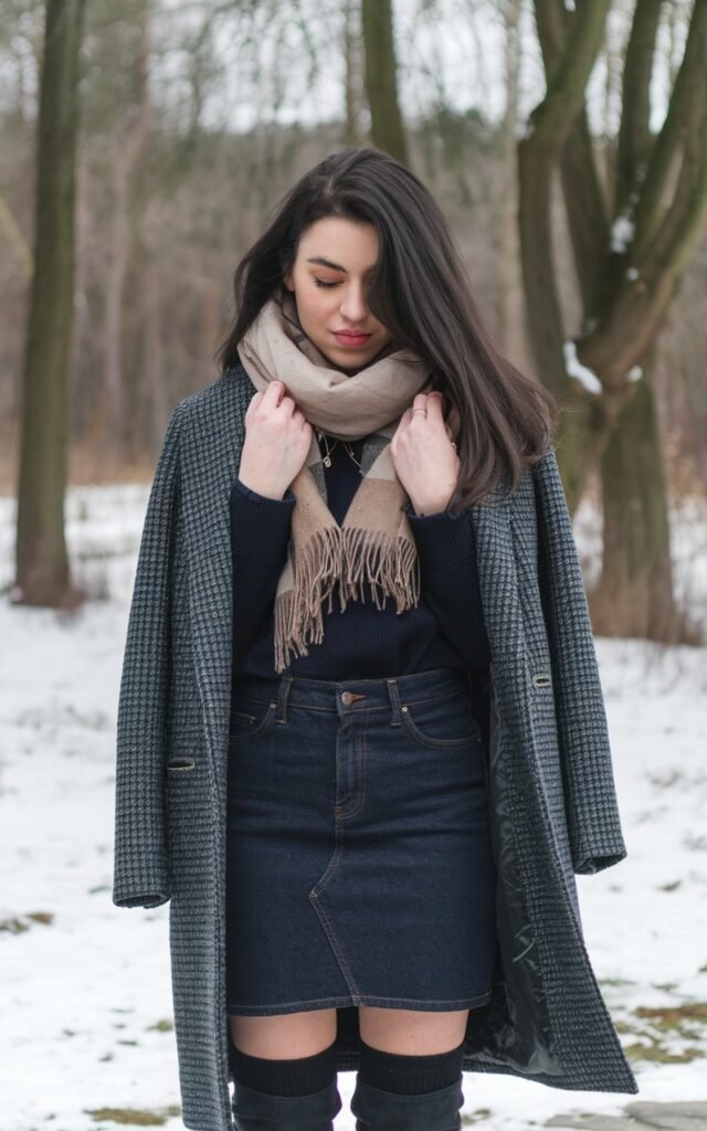 A natural-looking young woman wearing a dark-wash jean skirt styled with a structured wool coat and winter boots. Theme jean skirt outfits winter