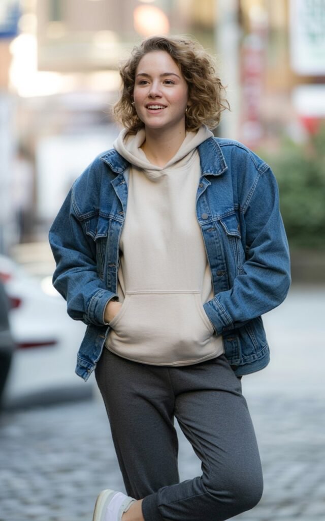 A natural-looking young woman wearing a denim jacket layered over a hoodie with joggers. Theme cute casual winter outfits