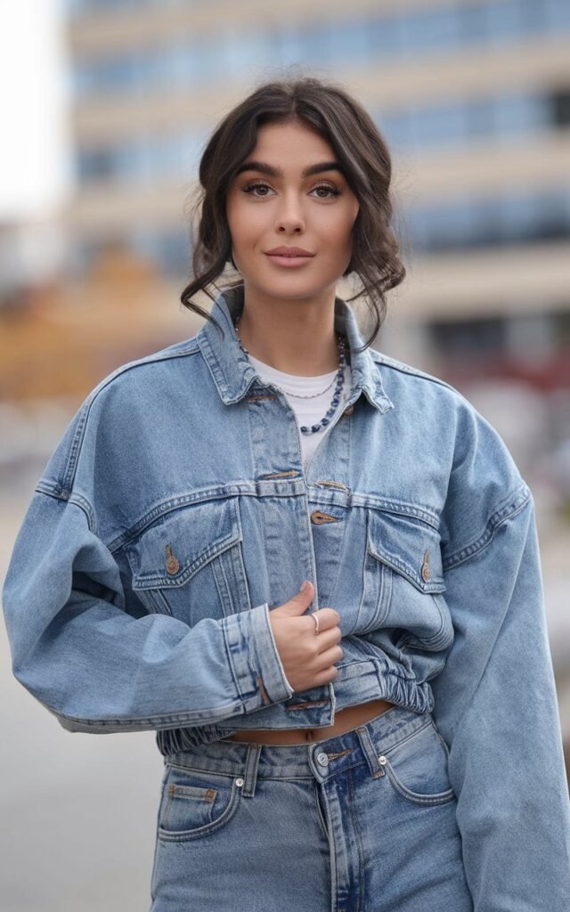 A natural-looking young woman wearing a denim jacket paired with matching denim jeans. Theme 80s outfits
