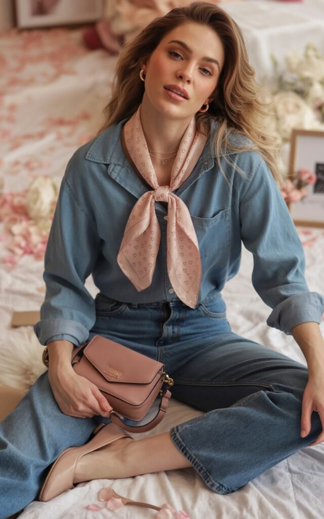 A natural-looking young woman wearing a denim-on-denim outfit with a chic Valentine-inspired twist. Theme valentines day outfits