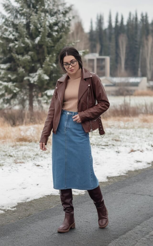 A natural-looking young woman wearing a denim skirt outfit styled with a leather jacket and winter footwear. Theme jean skirt outfits winter
