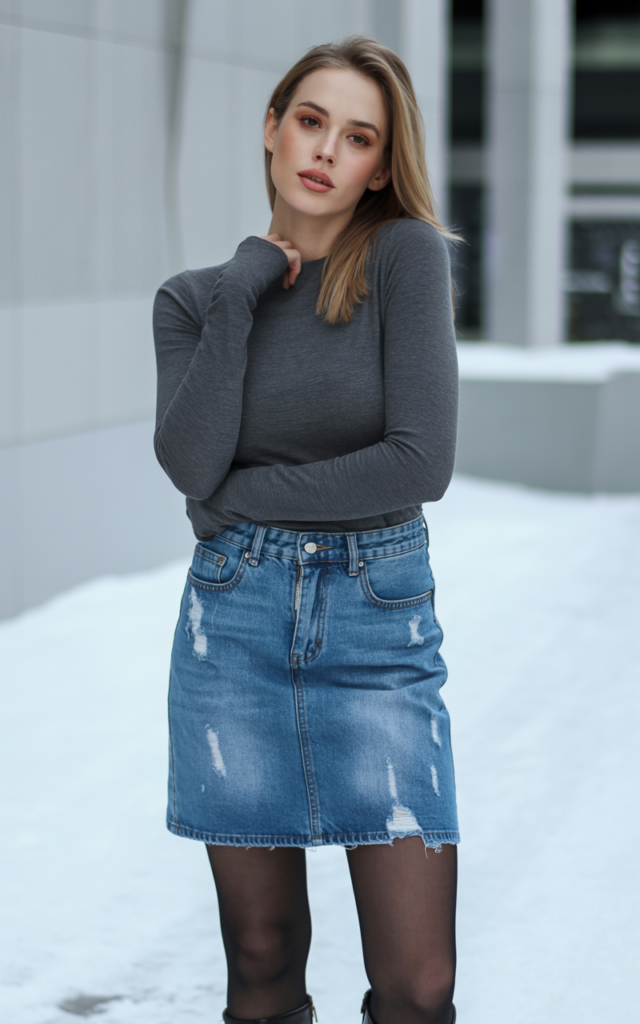 A natural-looking young woman wearing a distressed denim skirt paired with a fitted long-sleeve top and tights. Theme jean skirt outfits winter