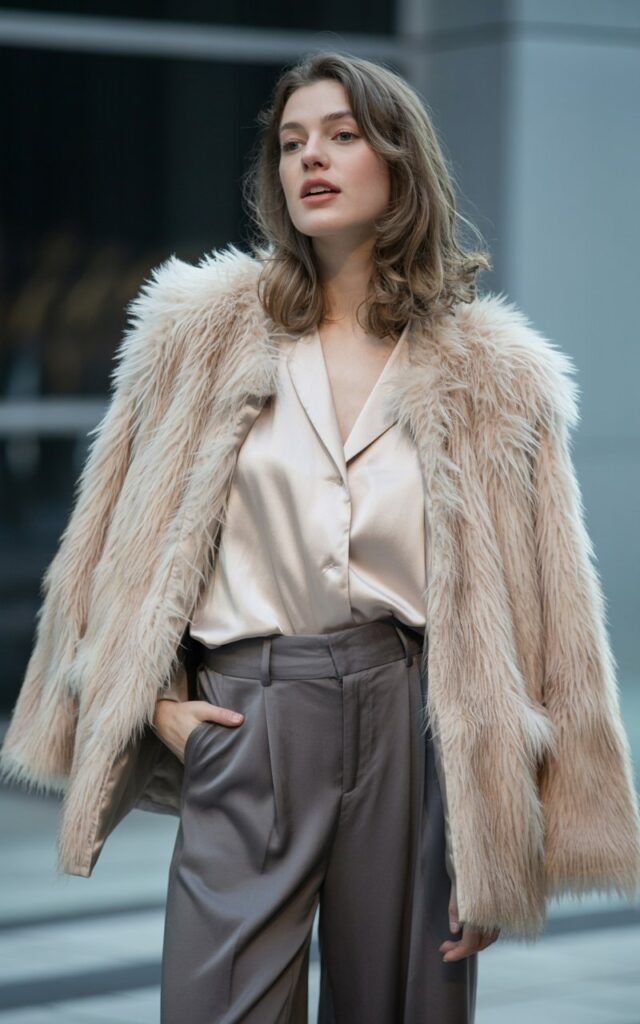 A natural-looking young woman wearing a faux fur coat draped over tailored wide-leg pants and a silk blouse. Theme faux fur coat outfit
