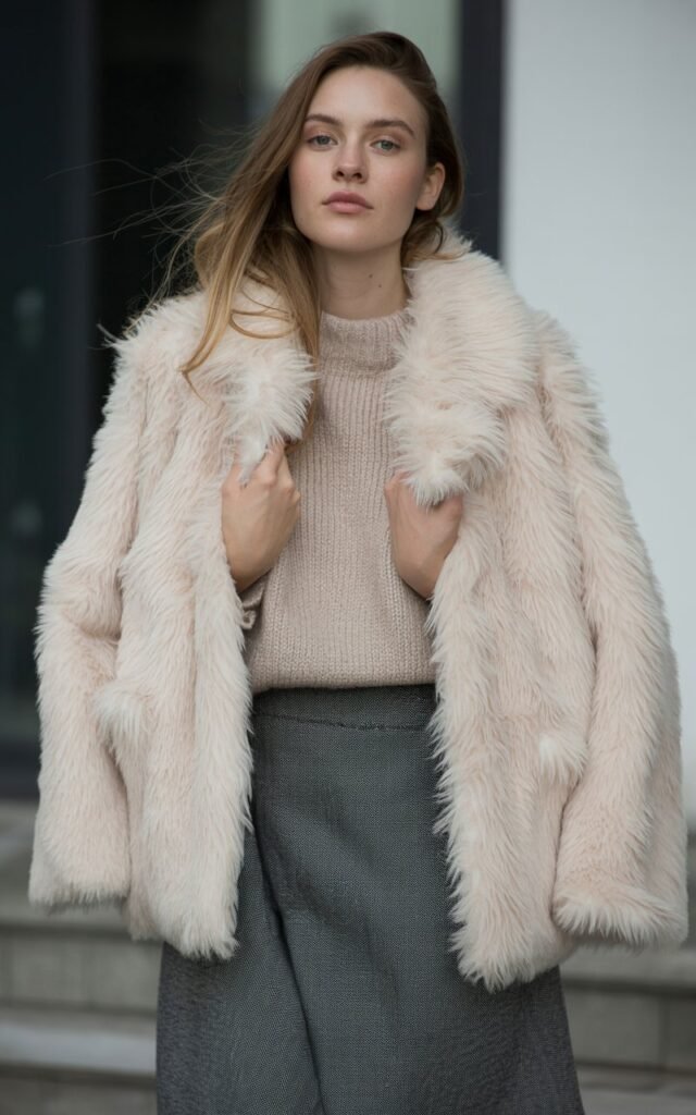 A natural-looking young woman wearing a faux fur coat layered over a ribbed knit top and a tailored skirt. Theme faux fur coat outfit
