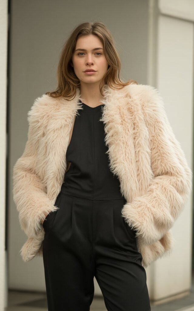 A natural-looking young woman wearing a faux fur coat layered over a sleek, minimalist jumpsuit. Theme faux fur coat outfit