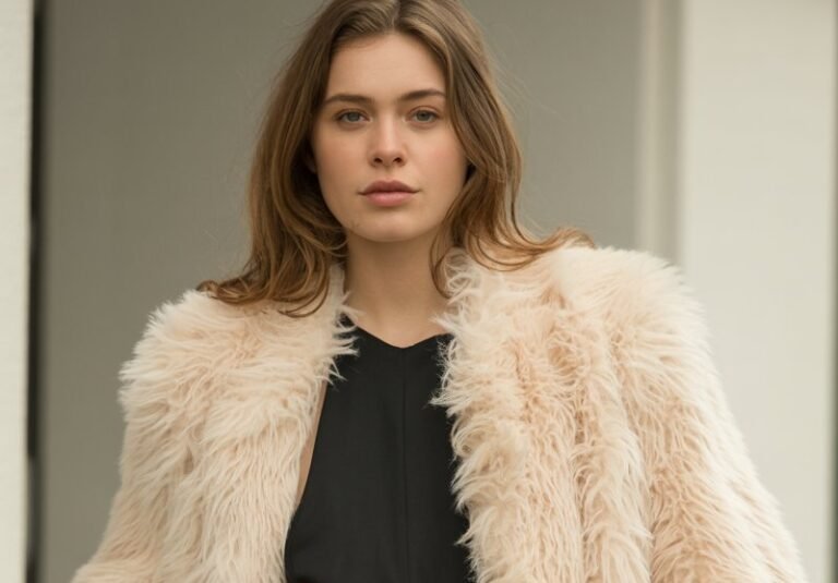 A natural-looking young woman wearing a faux fur coat layered over a sleek, minimalist jumpsuit. Theme faux fur coat outfit