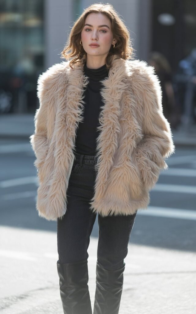 A natural-looking young woman wearing a faux fur coat paired with a minimalist outfit and knee-high boots. Theme faux fur coat outfit