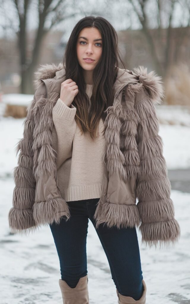 A natural-looking young woman wearing a faux fur jacket styled with minimalist neutral basics. Theme winter outfits aesthetic