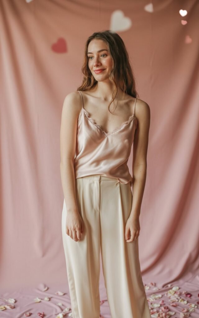 A natural-looking young woman wearing a feminine top paired with relaxed wide-leg pants. Theme valentines day outfits