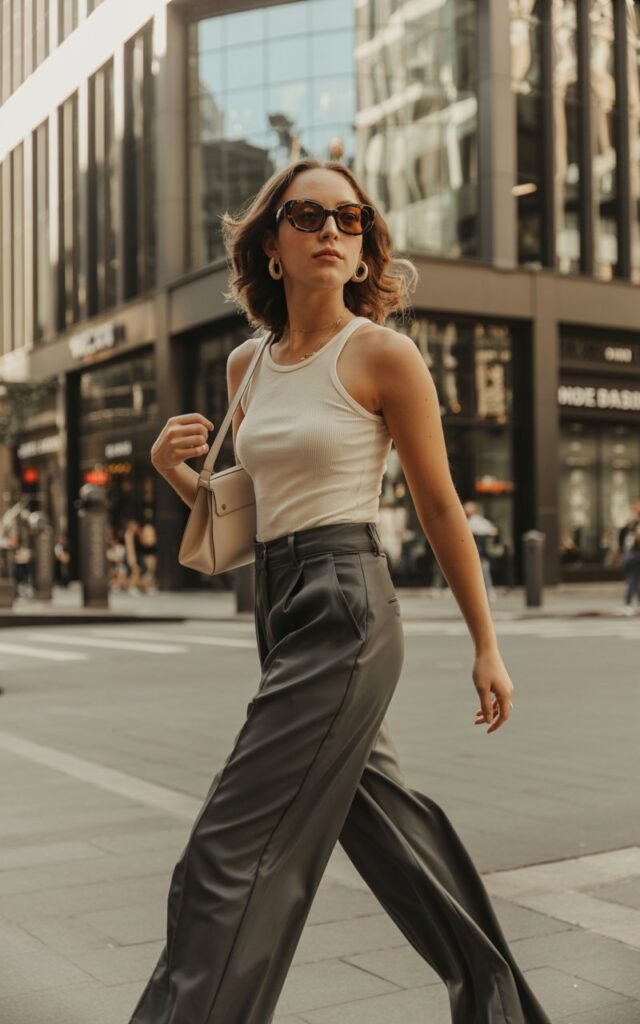 A natural-looking young woman wearing a fitted ribbed tank top styled with wide-leg trousers and sunglasses. Theme downtown outfits
