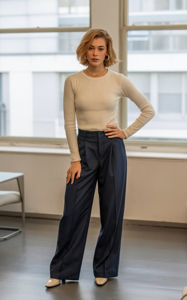A natural-looking young woman wearing a fitted top paired with wide-leg trousers. Theme rachel green outfits