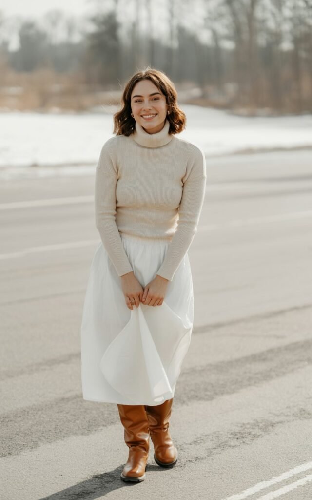 A natural-looking young woman wearing a fitted turtleneck tucked into a flowy white skirt with winter boots. Theme white skirt outfit winter