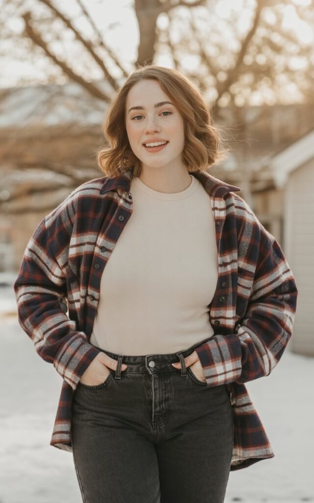 A natural-looking young woman wearing a flannel shirt layered over a neutral tee with straight-leg jeans. Theme cute casual winter outfits
