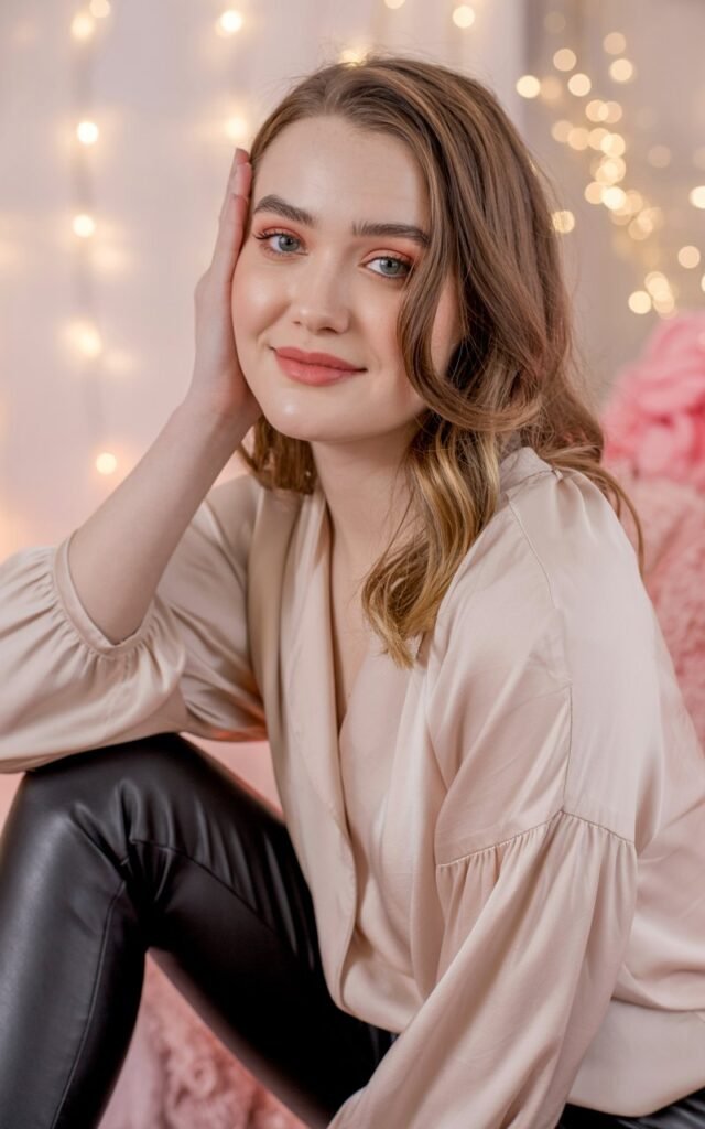 A natural-looking young woman wearing a flowy blouse paired with faux leather leggings. Theme valentines day outfits