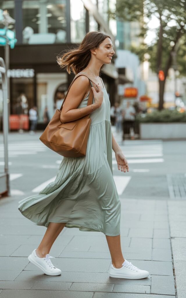 A natural-looking young woman wearing a flowy midi dress paired with clean white sneakers and a casual shoulder bag. Theme downtown outfits