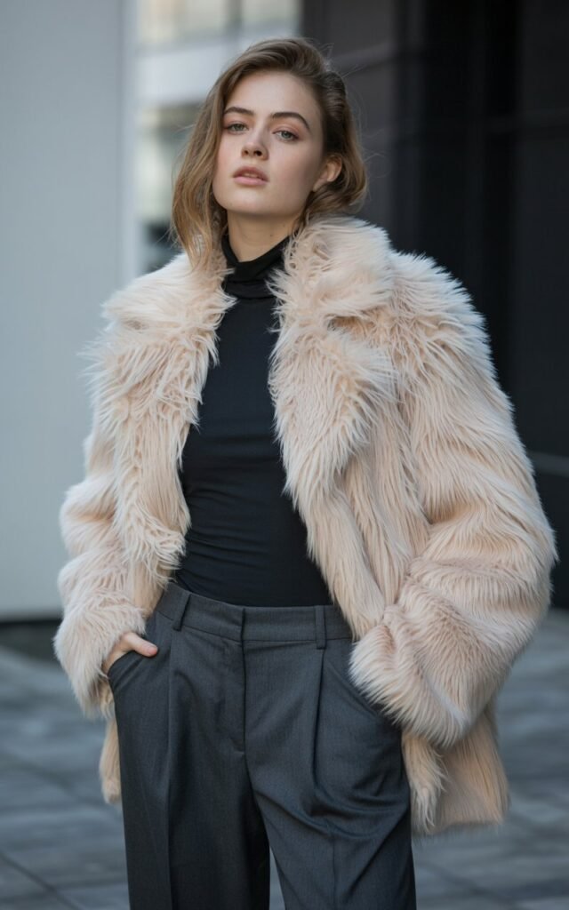 A natural-looking young woman wearing a fluffy faux fur coat softening sharp tailored pieces. Theme faux fur coat outfit