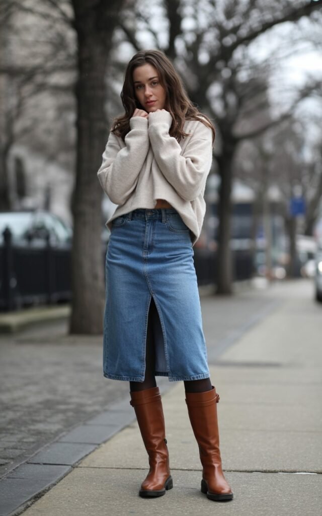 A natural-looking young woman wearing a front-slit jean skirt styled with tights and winter boots. Theme jean skirt outfits winter