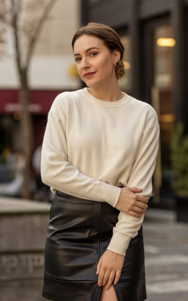 A natural-looking young woman wearing a high-waist leather skirt with a tucked-in fine-gauge knit sweater. Theme leather skirt outfit winter