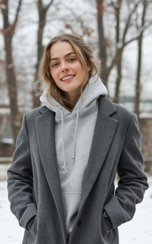 A natural-looking young woman wearing a hoodie layered under a classic wool coat for a casual chic look. Theme winter outfits aesthetic