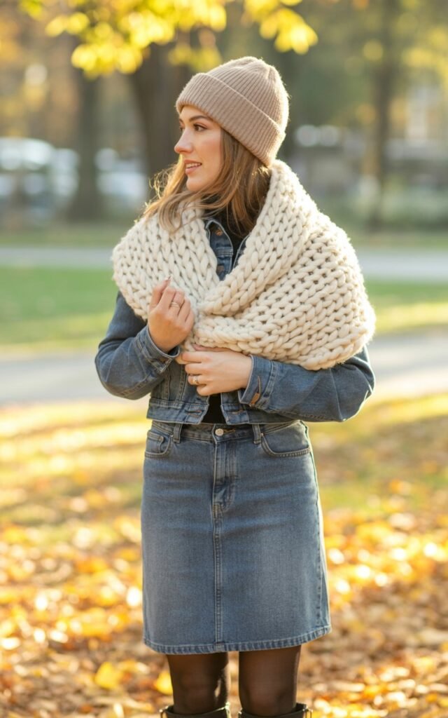 A natural-looking young woman wearing a jean skirt outfit accessorized with a chunky scarf and beanie. Theme jean skirt outfits winter