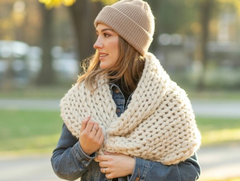 A natural-looking young woman wearing a jean skirt outfit accessorized with a chunky scarf and beanie. Theme jean skirt outfits winter