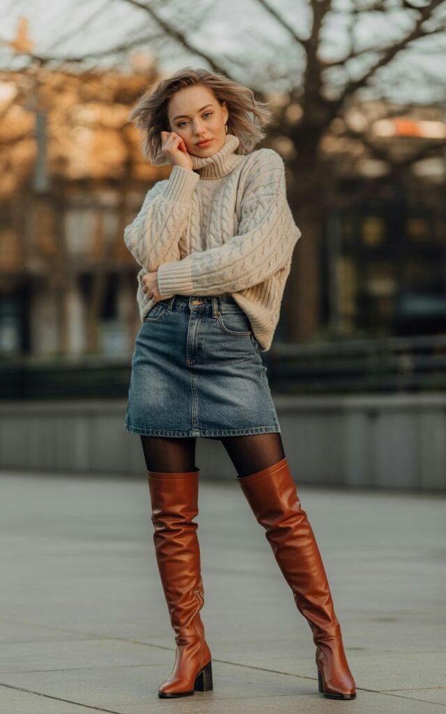 A natural-looking young woman wearing a jean skirt outfit styled with bold statement boots as the focal point. Theme jean skirt outfits winter