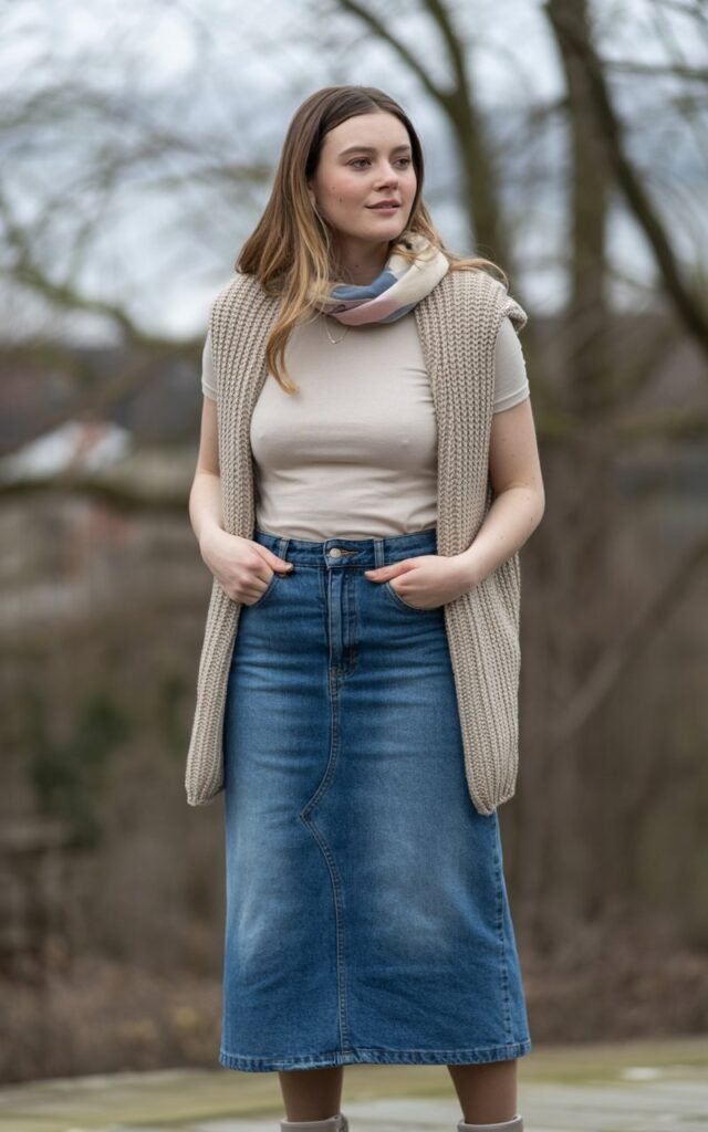 A natural-looking young woman wearing a jean skirt paired with a fitted tee and layered sweater vest. Theme jean skirt outfits winter