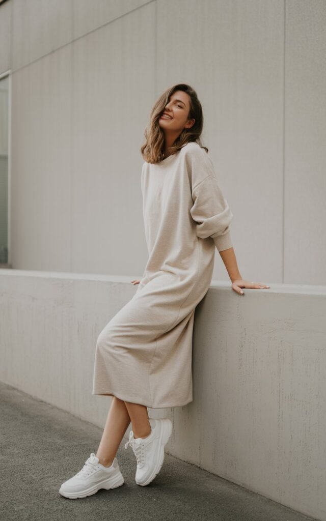 A natural-looking young woman wearing a knit midi dress styled with chunky sneakers. Theme chill outfits