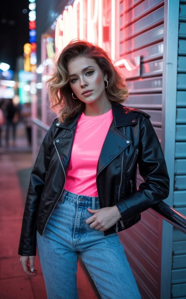 A natural-looking young woman wearing a leather jacket with skinny pants. Theme 80s outfits