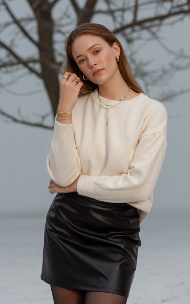 A natural-looking young woman wearing a leather skirt accessorized with minimal gold jewelry. Theme leather skirt outfit winter