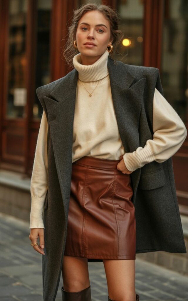 A natural-looking young woman wearing a leather skirt layered with a tailored vest over a winter top. Theme leather skirt outfit winter