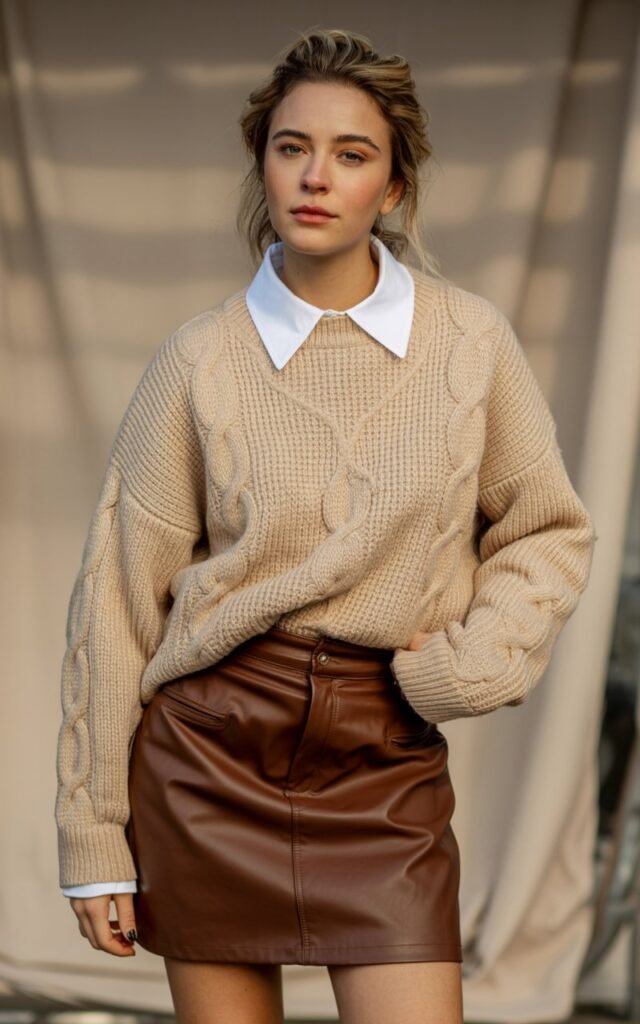 A natural-looking young woman wearing a leather skirt paired with a chunky knit sweater layered over a crisp collared shirt. Theme leather skirt outfit winter
