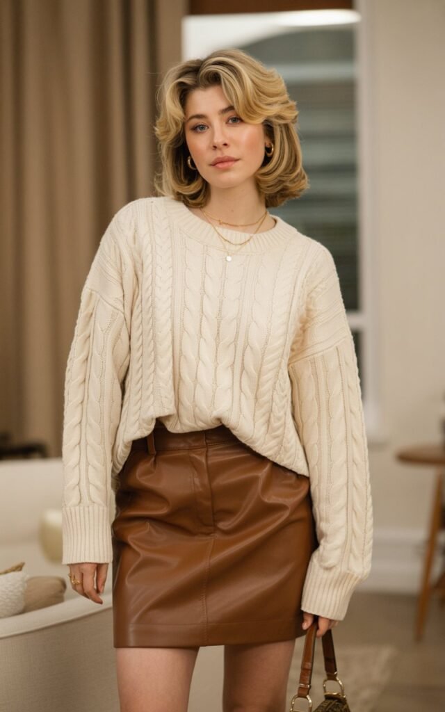 A natural-looking young woman wearing a leather skirt paired with a cozy knit sweater. Theme rachel green outfits