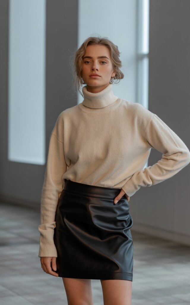 A natural-looking young woman wearing a leather skirt paired with a fitted cashmere turtleneck in a neutral tone. Theme leather skirt outfit winter