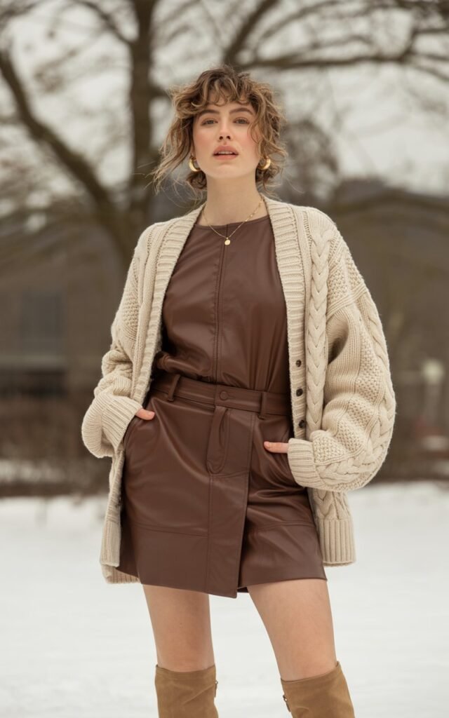 A natural-looking young woman wearing a leather skirt paired with a longline knit cardigan. Theme leather skirt outfit winter