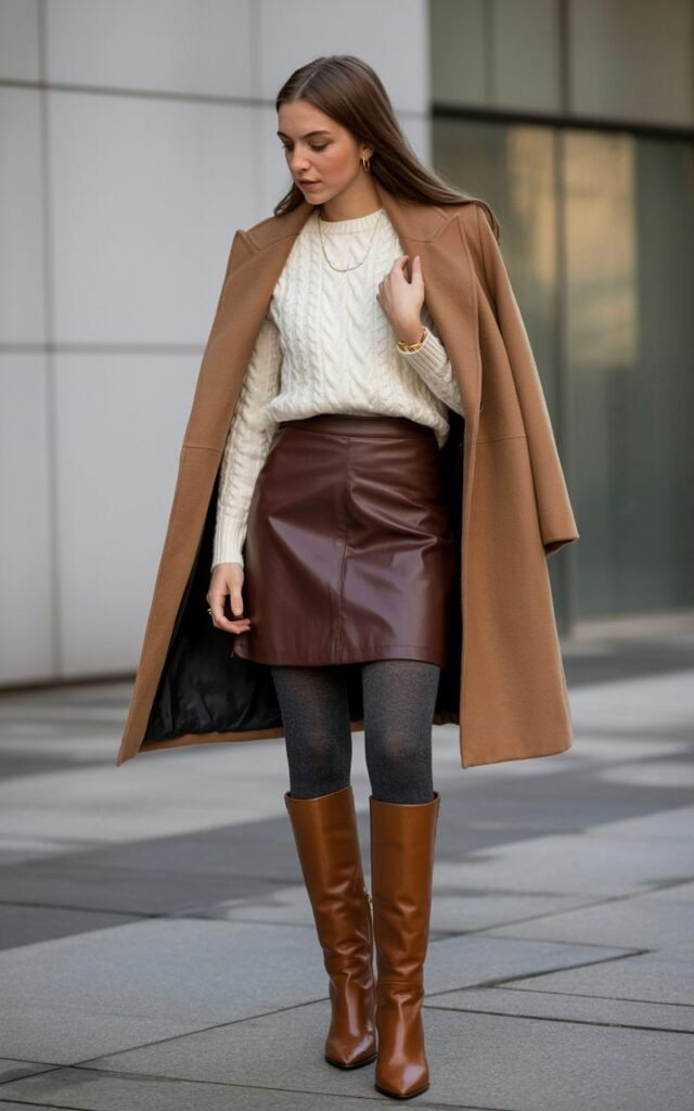 A natural-looking young woman wearing a leather skirt styled in a neutral winter color palette. Theme leather skirt outfit winter