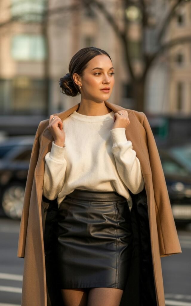 A natural-looking young woman wearing a leather skirt styled with a sleek low bun hairstyle and soft winter layers. Theme leather skirt outfit winter