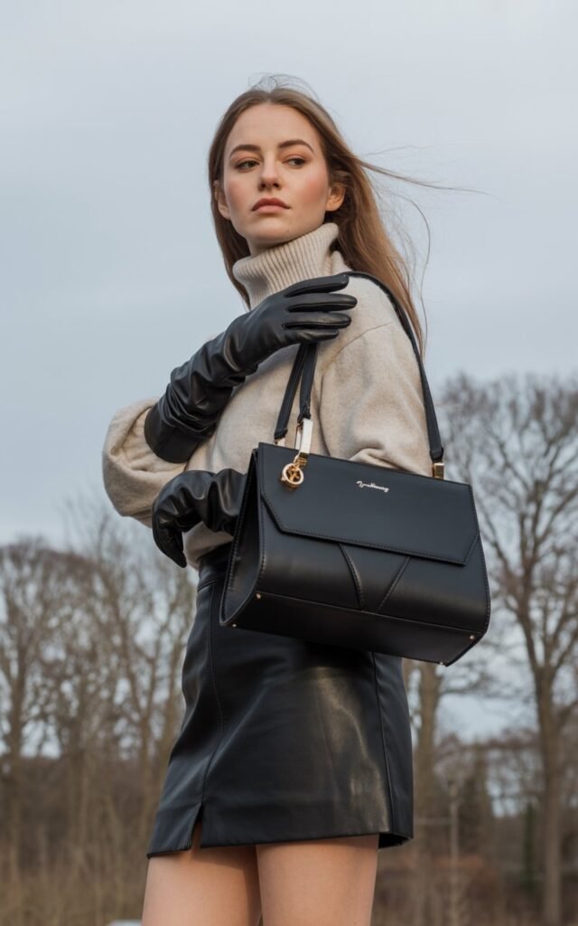 A natural-looking young woman wearing a leather skirt styled with leather gloves and a structured handbag. Theme leather skirt outfit winter