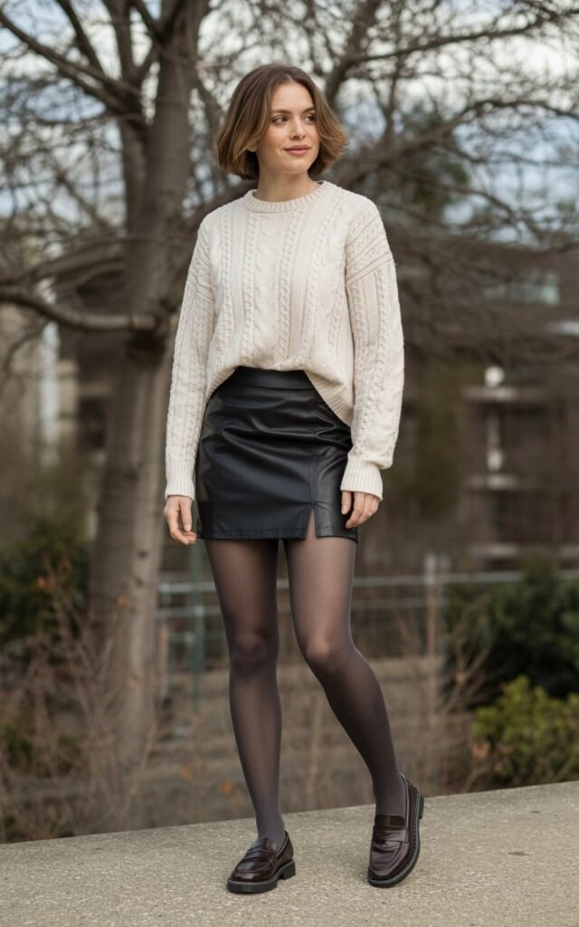A natural-looking young woman wearing a leather skirt styled with polished loafers and winter tights. Theme leather skirt outfit winter