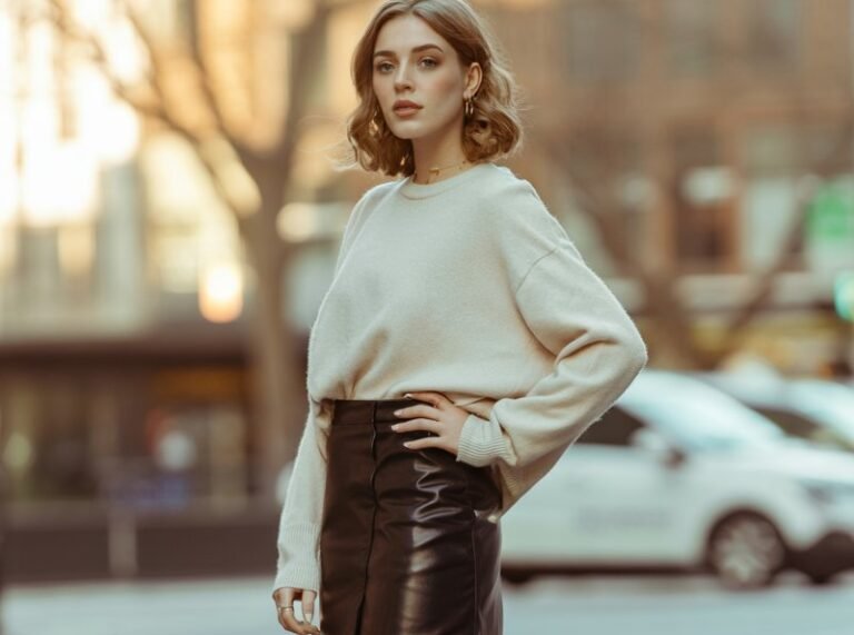 A natural-looking young woman wearing a leather skirt styled with sharp heeled ankle boots. Theme leather skirt outfit winter