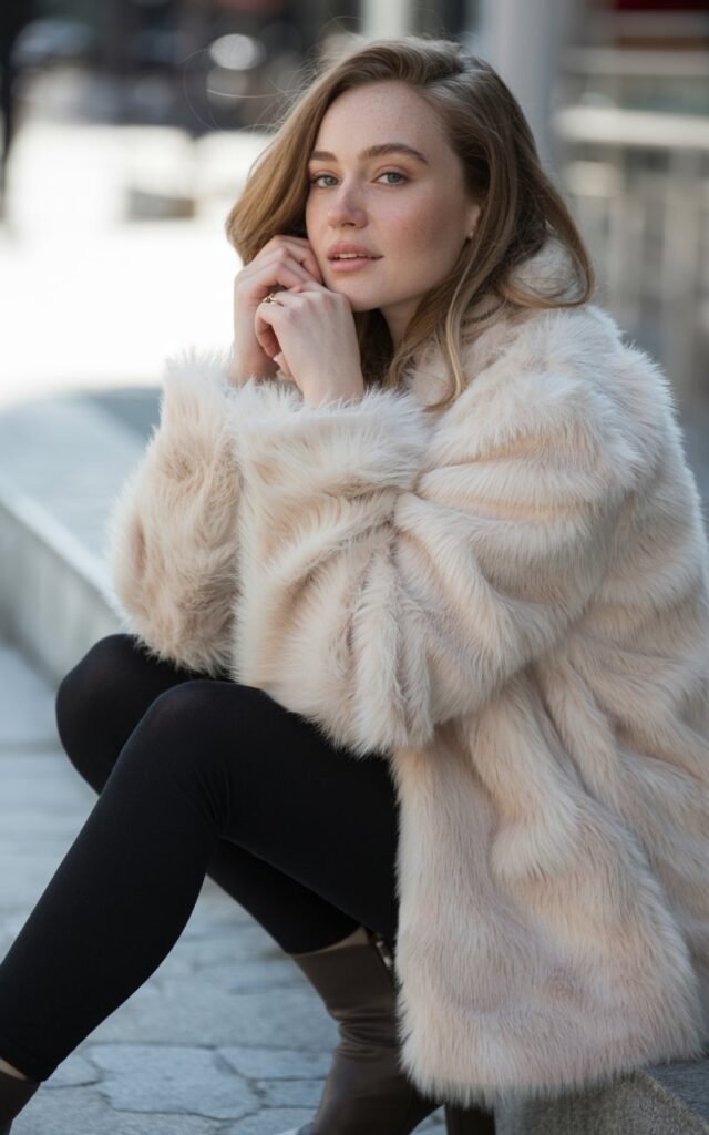 A natural-looking young woman wearing a light faux fur coat contrasted with dark winter basics. Theme faux fur coat outfit