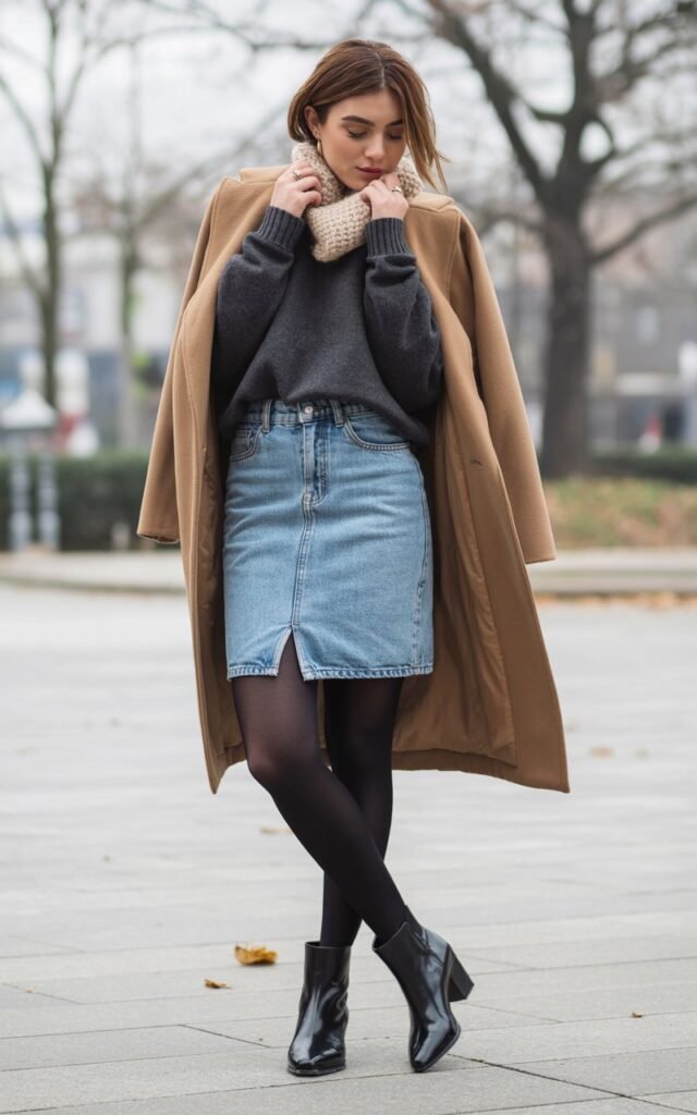 A natural-looking young woman wearing a light-wash jean skirt contrasted with dark winter layers and boots. Theme jean skirt outfits winter