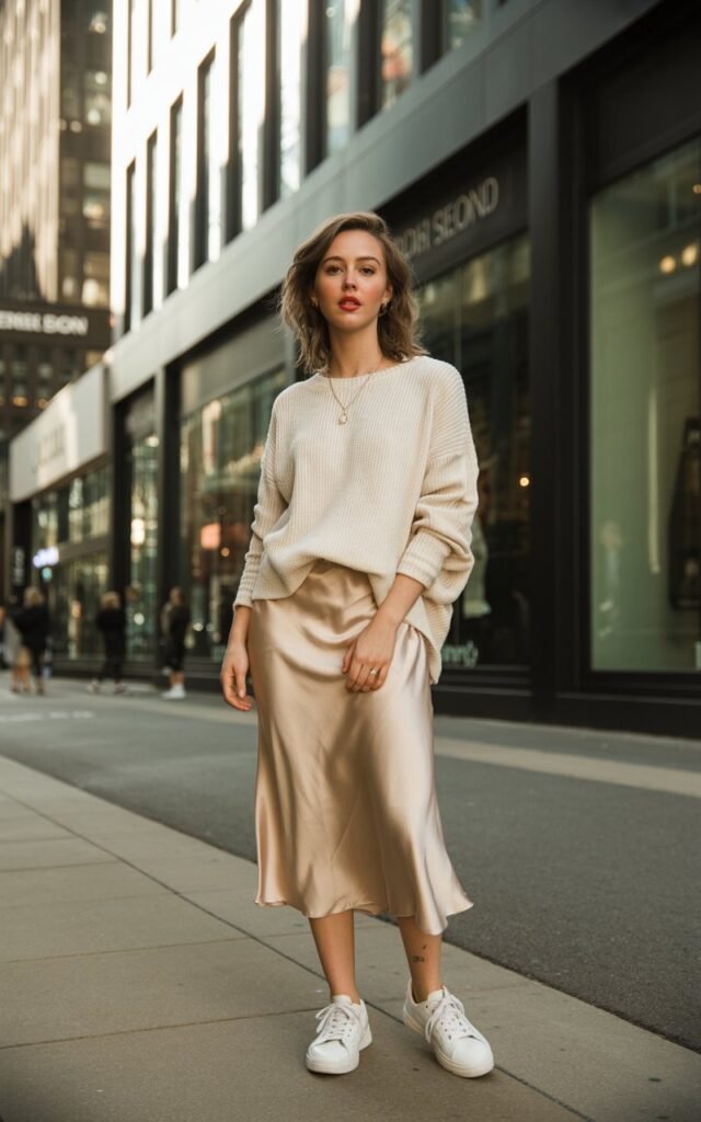 A natural-looking young woman wearing a lightweight knit sweater layered over a silky slip skirt and casual shoes. Theme downtown outfits