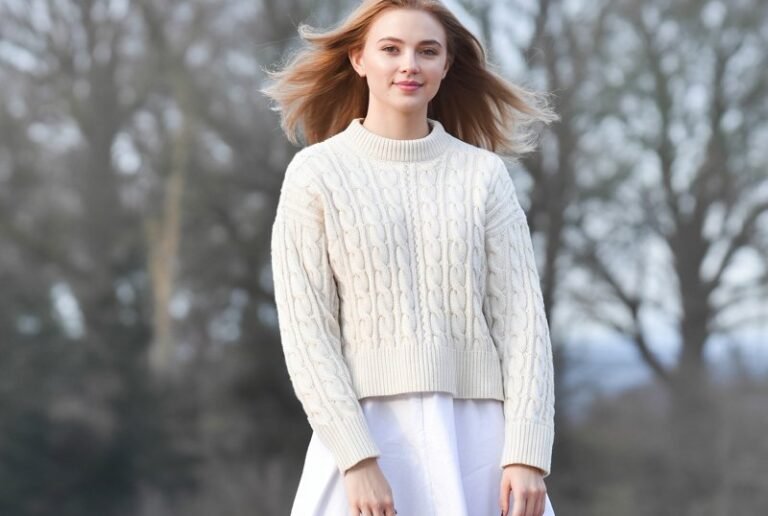 A natural-looking young woman wearing a lightweight sweater tucked into a high-waisted white skirt with ankle boots. Theme white skirt outfit winter