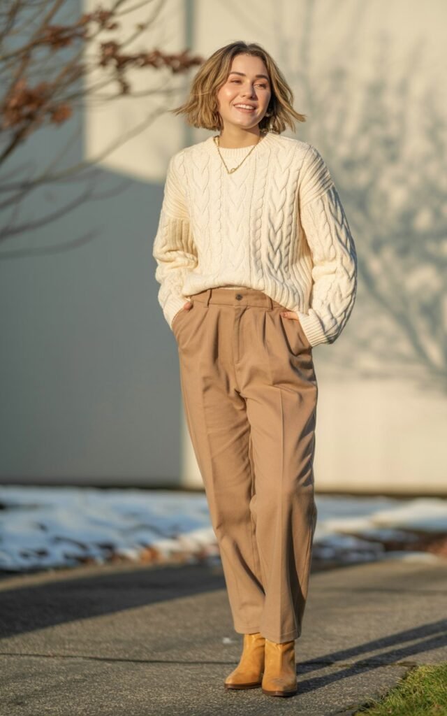 A natural-looking young woman wearing a lightweight sweater tucked into relaxed-fit trousers. Theme cute casual winter outfits