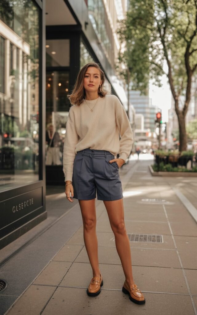 A natural-looking young woman wearing a lightweight sweater tucked into tailored shorts with loafers or sandals. Theme downtown outfits