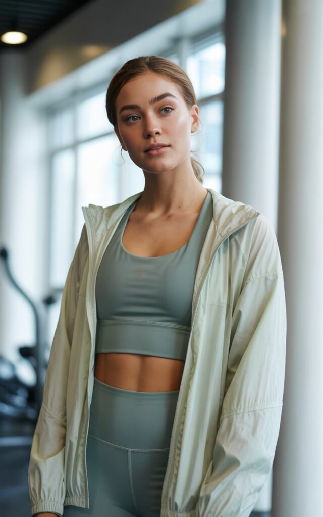 A natural-looking young woman wearing a lightweight windbreaker layered over a matching set. Theme gym outfits for women