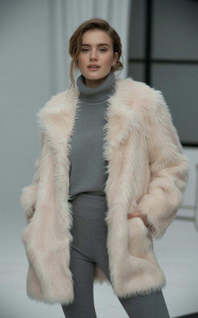 A natural-looking young woman wearing a long faux fur coat styled with a monochrome knit set. Theme faux fur coat outfit